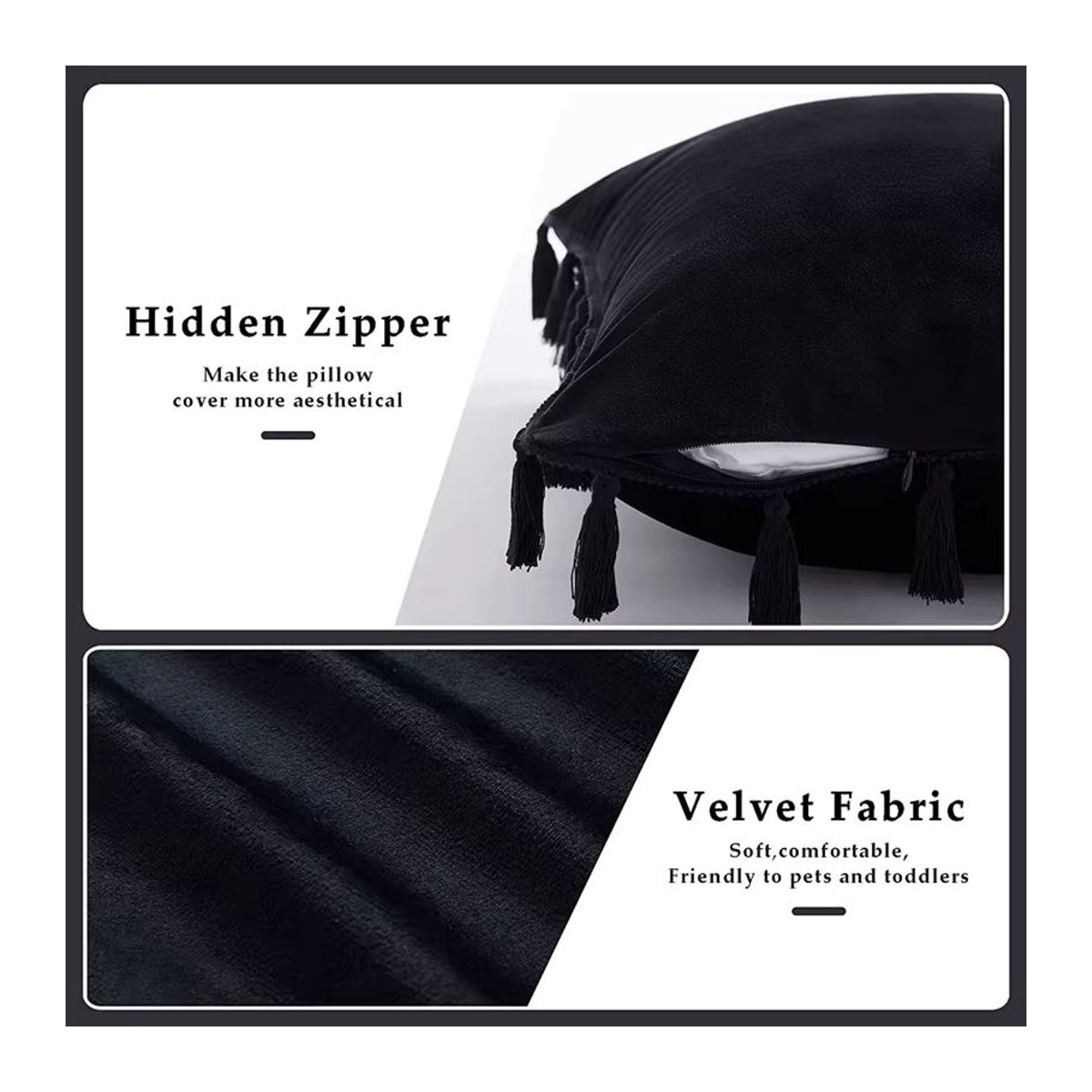2er-Set inyahome Kissenbezüge aus Samt mit Quasten in Schwarz und Beige, B/H: 30 x 50 cm, 45 x 45 cm und 50 x 50 cm - Bild 3
