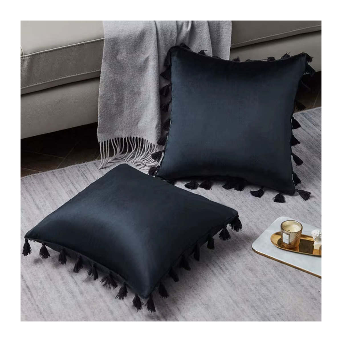 2er-Set inyahome Kissenbezüge aus Samt mit Quasten in Schwarz und Beige, B/H: 30 x 50 cm, 45 x 45 cm und 50 x 50 cm - Bild 4