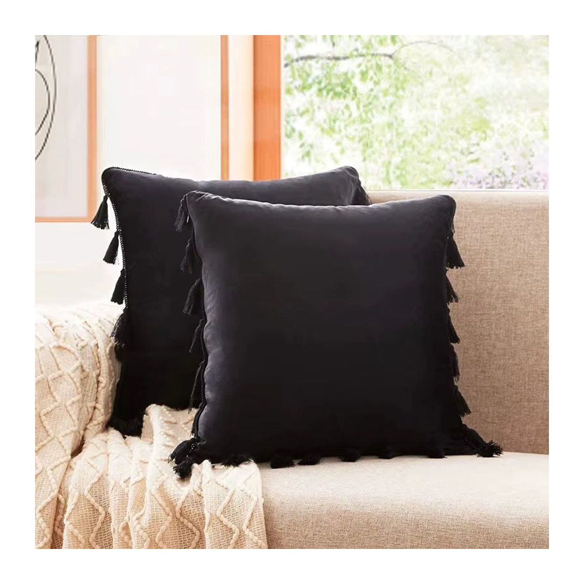2er-Set inyahome Kissenbezüge aus Samt mit Quasten in Schwarz und Beige, B/H: 30 x 50 cm, 45 x 45 cm und 50 x 50 cm - Bild 5