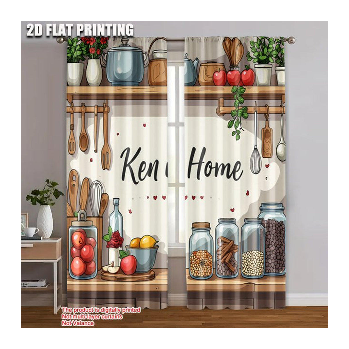 2er-Set Ken is Home Küchenvorhänge mit Illustrationen in Weiß aus 100 % Polyester - Bild 1