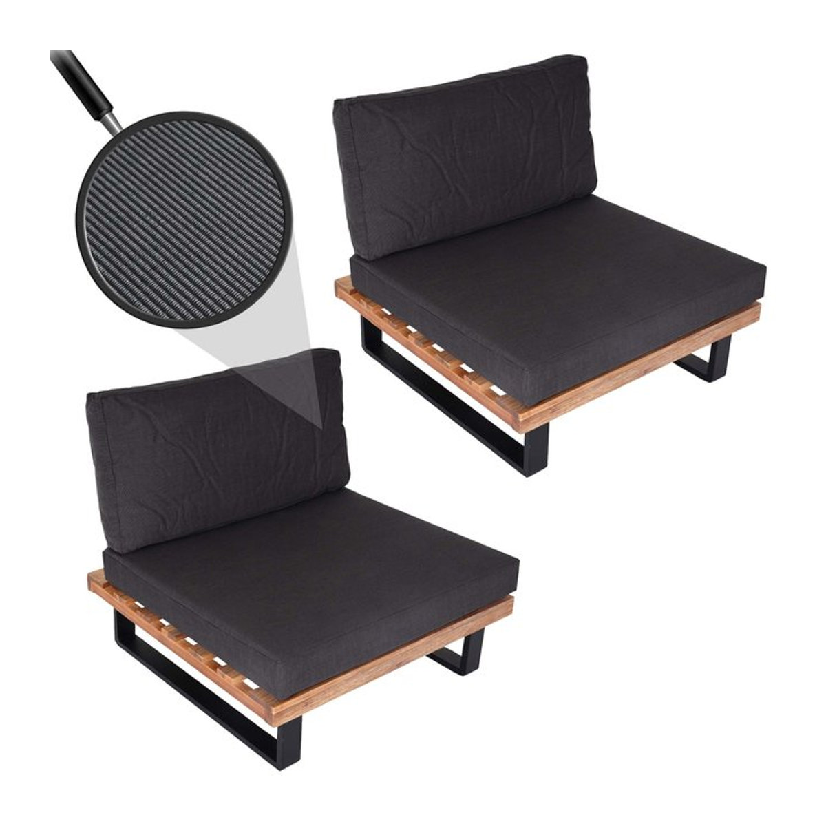 2er-Set Lounge-Sessel MCW-H54 aus Akazienholz und Aluminium in Hellbraun mit dunkelgrauen Polstern - Bild 1