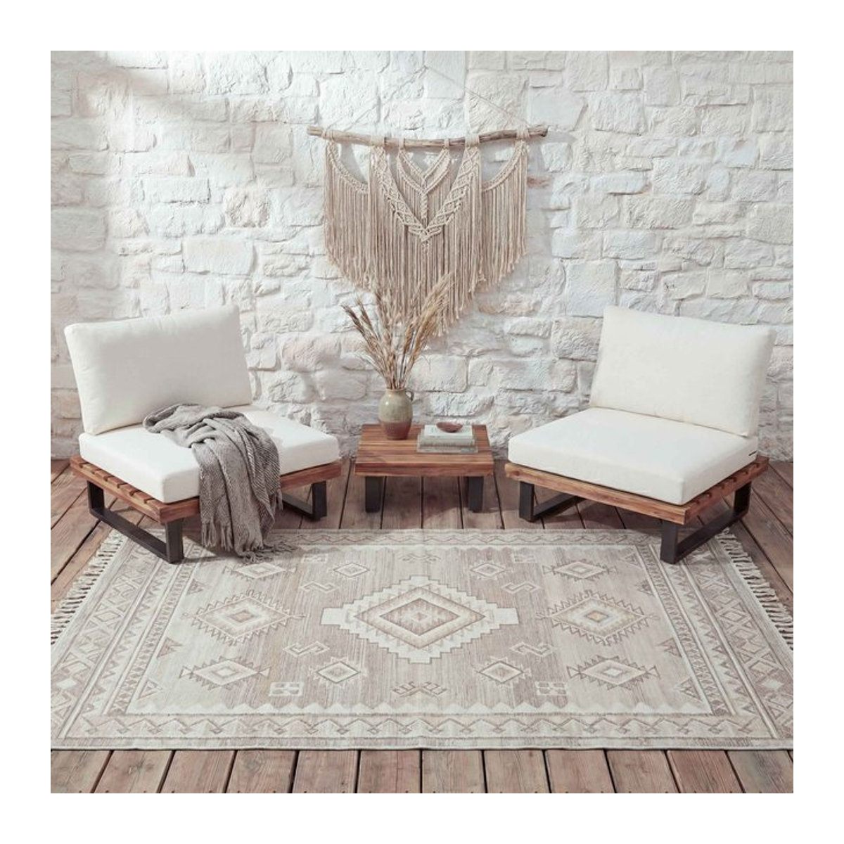 2er-Set Lounge-Sessel MCW modern aus Akazie Holz und Aluminium in Braun mit cremeweißen Polstern - Bild 1