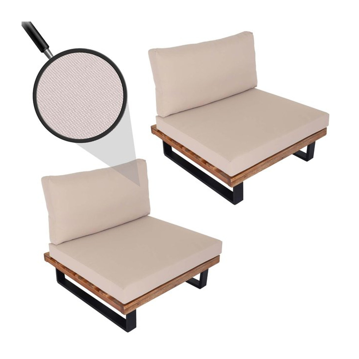 2er-Set Lounge-Sessel MCW modern aus FSC-zertifiziertem Akazienholz und Aluminium in Hellbraun mit beigen Polstern - Bild 1