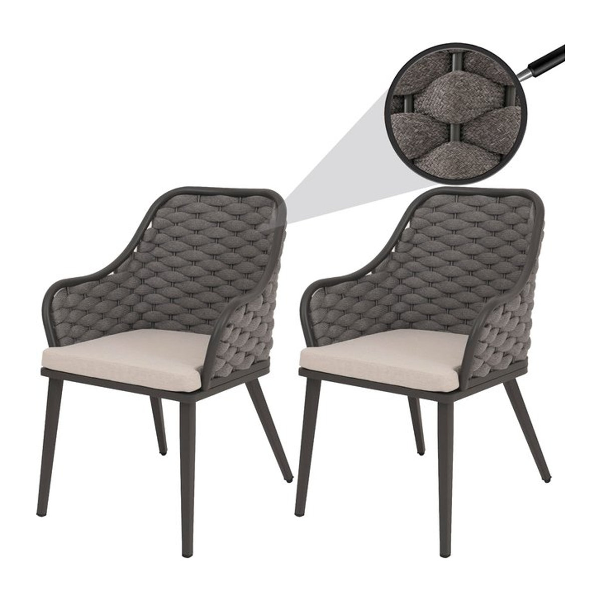 2er-Set MCW Gartenstühle aus Aluminium mit Olefin-Seilgeflecht und Kissen in Anthrazit und Taupe - Bild 1