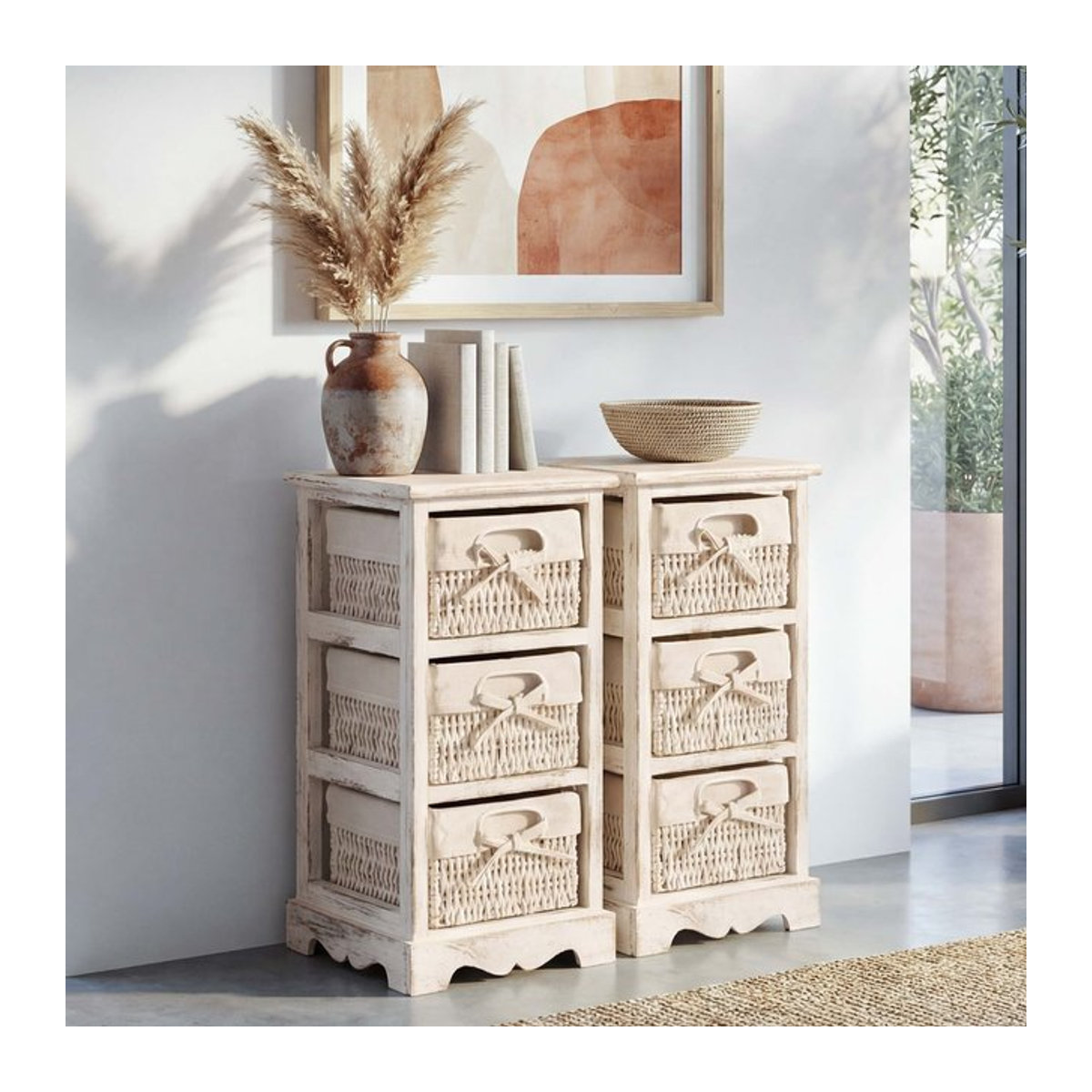 2er-Set MCW Kommode im Shabby-Look mit 3 Korbschubladen, Weiß, B/T/H: 58 x 25 x 28 cm - Bild 1