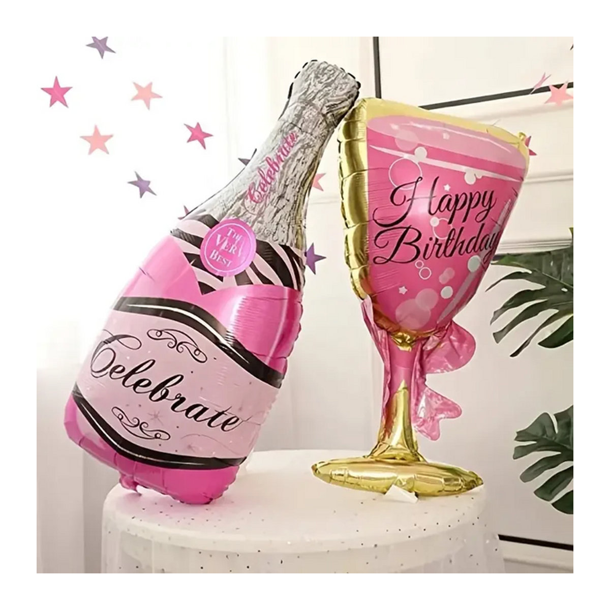 2er-Set Party-Dekoration mit Champagnerflasche und Gläsern in Rosa mit Schleife für Geburtstag und Hochzeit - Bild 1