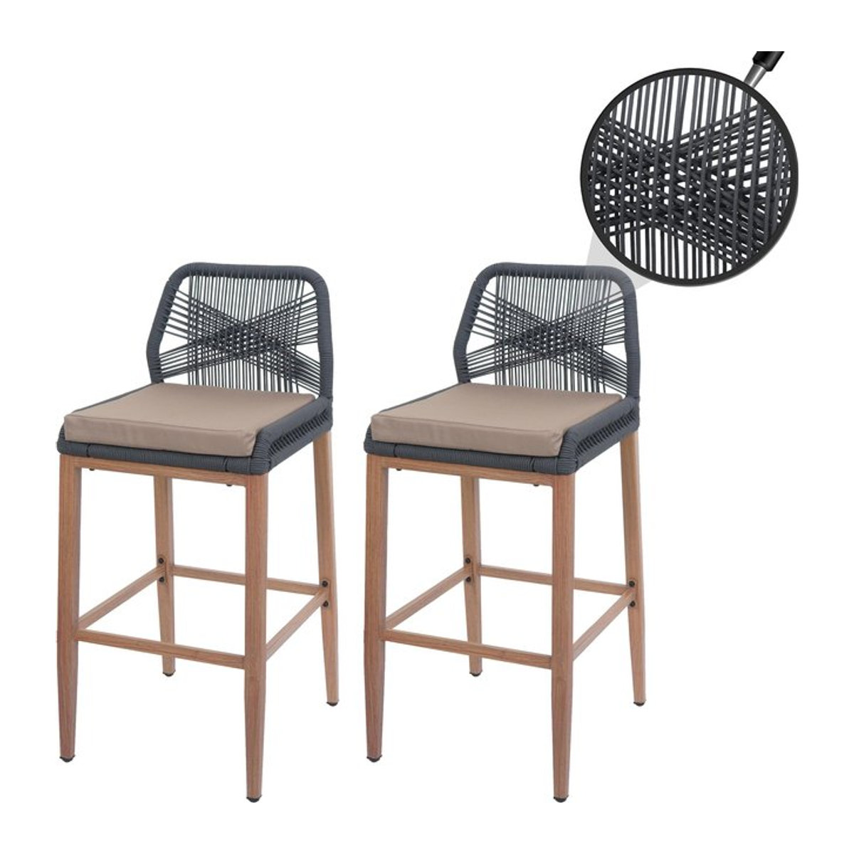 2er-Set Rope-Barhocker MCW-O21 Outdoor mit Seilgeflecht und Sitzpolstern in Anthrazit und Taupe - Bild 1