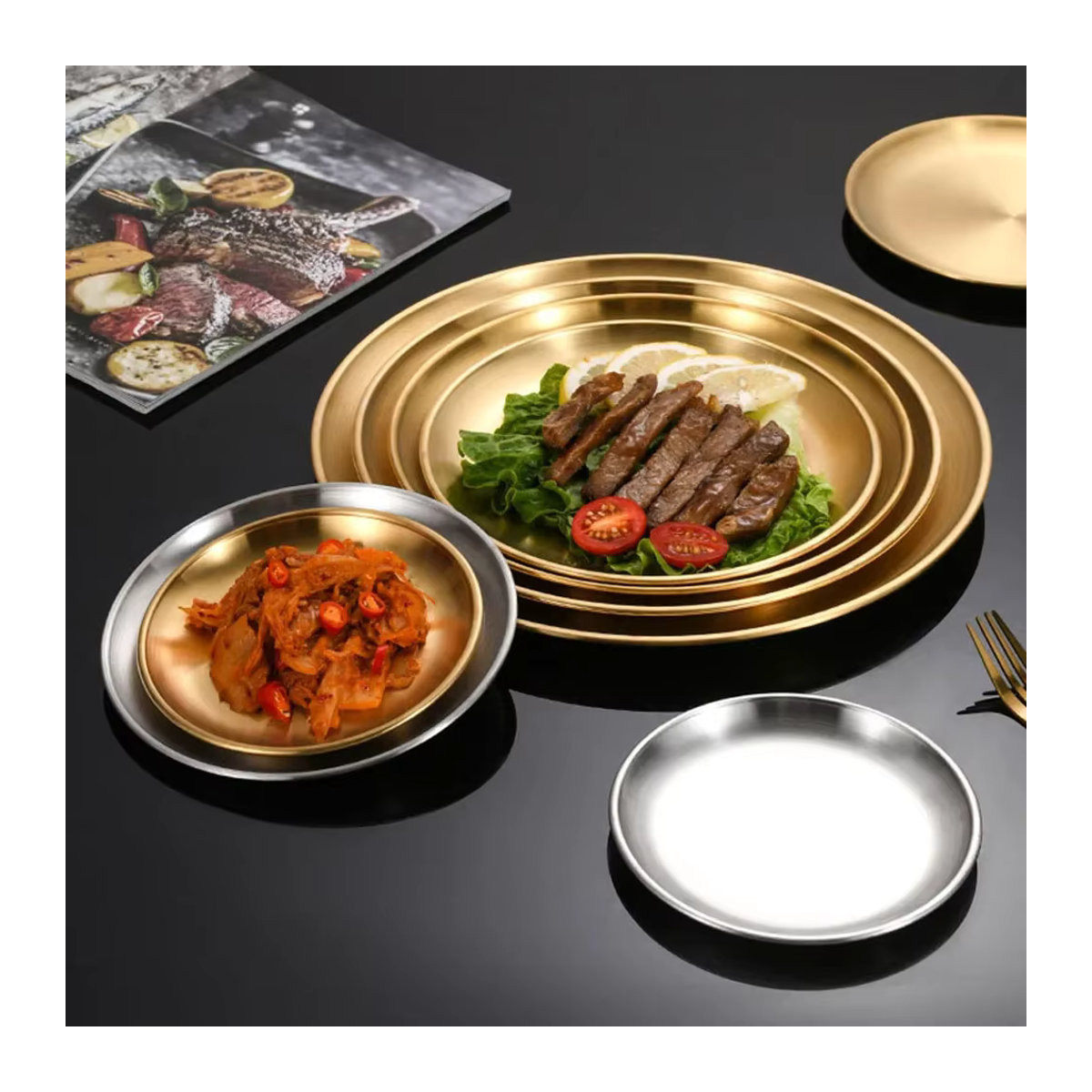 2er-Set Runde Servierplatten aus Edelstahl in Gold für Obst, Fleisch und Dessert - Bild 4