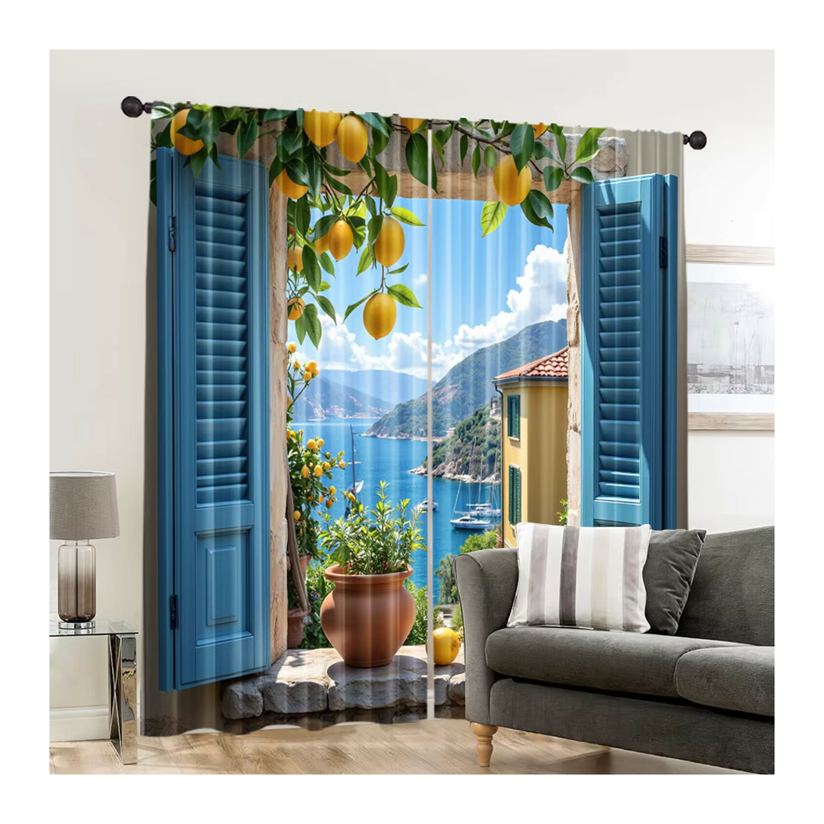 2er-Set Szenenvorhänge im Retro-Stil mit Meer-Motiv aus mehrfarbigem Polyester, lichtdurchlässig - Bild 6