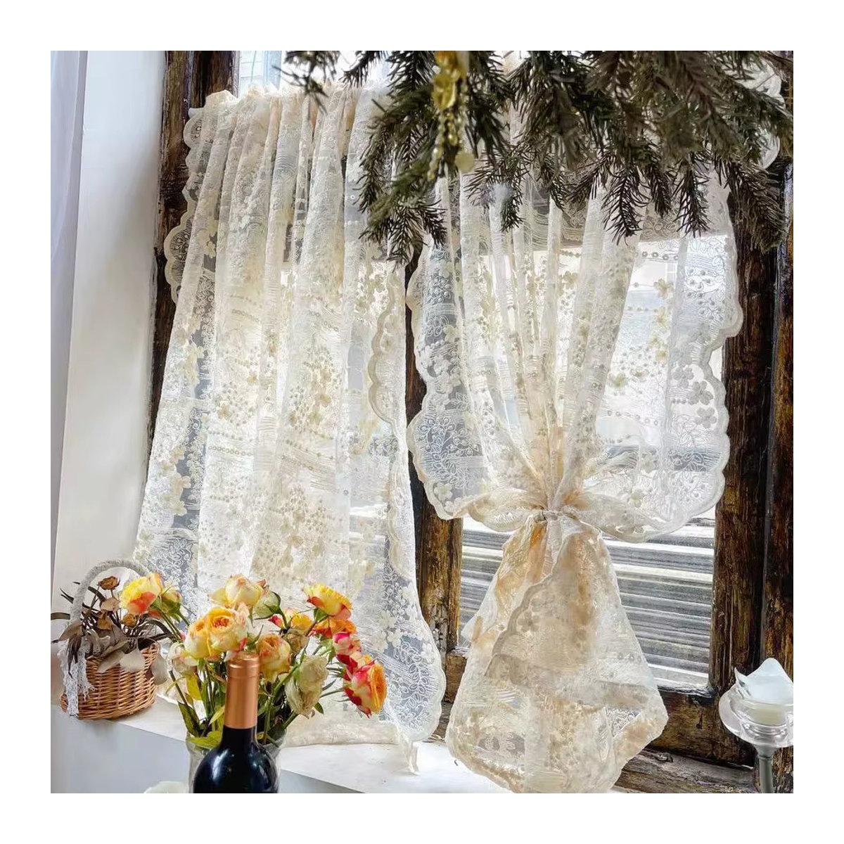 2er-Set Tiyana Transparent Vorhänge aus Spitze und Tüll in Beige mit Stickerei für Wohnzimmer und Schlafzimmer - Bild 3