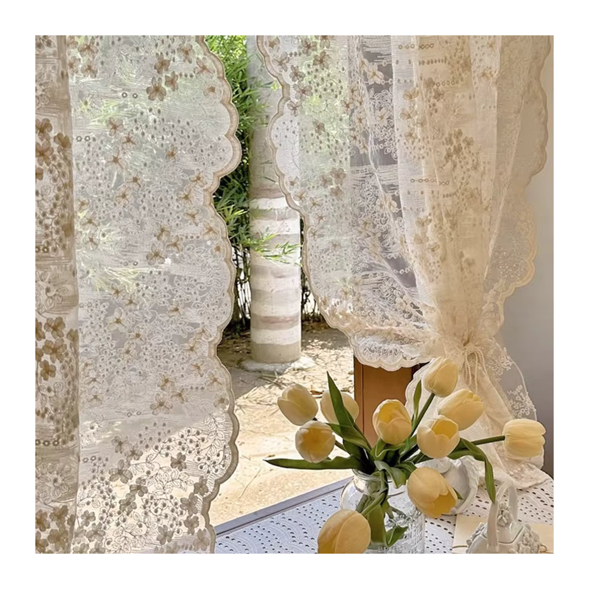 2er-Set Tiyana Transparent Vorhänge aus Spitze und Tüll in Beige mit Stickerei für Wohnzimmer und Schlafzimmer - Bild 5