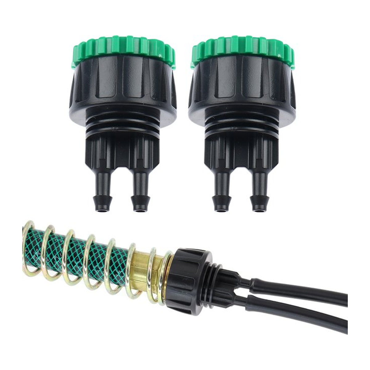 2er Set Tropfbewässerungsschlauch-Adapter aus Kunststoff für 1/4 Zoll auf 1/2 Zoll und 3/4 Zoll Gartenhahn inklusive Unterlegscheiben, Schwarz - Bild 1