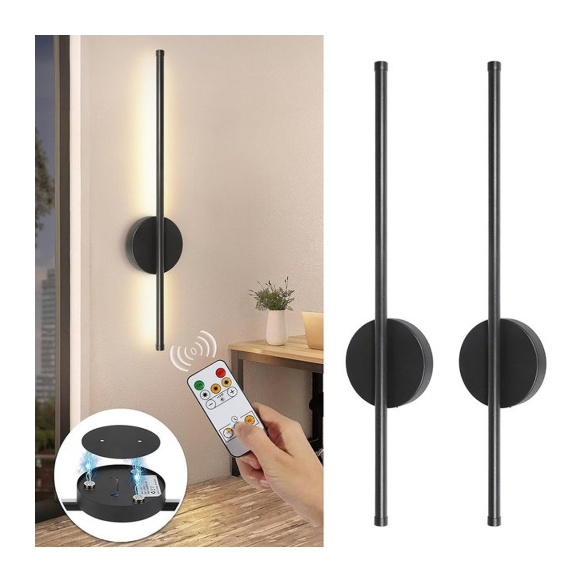 2er Set UMEXUS LED Wandleuchten Schwarz, wiederaufladbar und kabellos mit Fernbedienung und Touch-Schalter, 80 cm - Bild 1