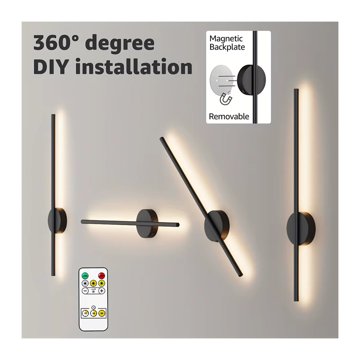 2er Set UMEXUS LED Wandleuchten Schwarz, wiederaufladbar und kabellos mit Fernbedienung und Touch-Schalter, 80 cm - Bild 2