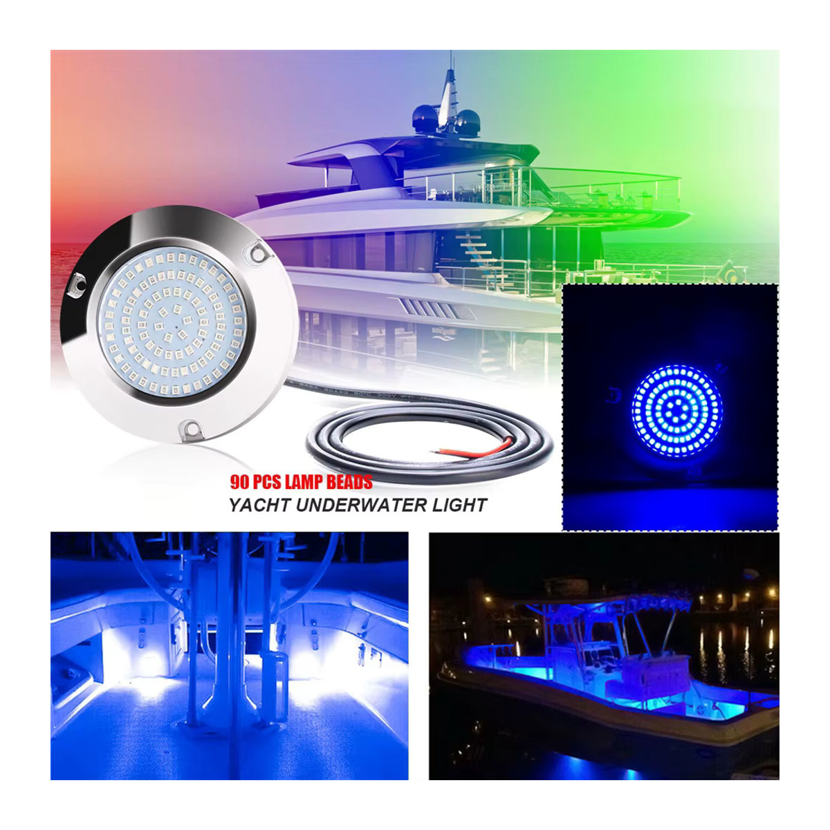 2er-Set Unterwasser-Marine-Beleuchtung aus Edelstahl mit 90 LEDs für Boote und Segelboote, 12V/24V, 60W - Bild 2