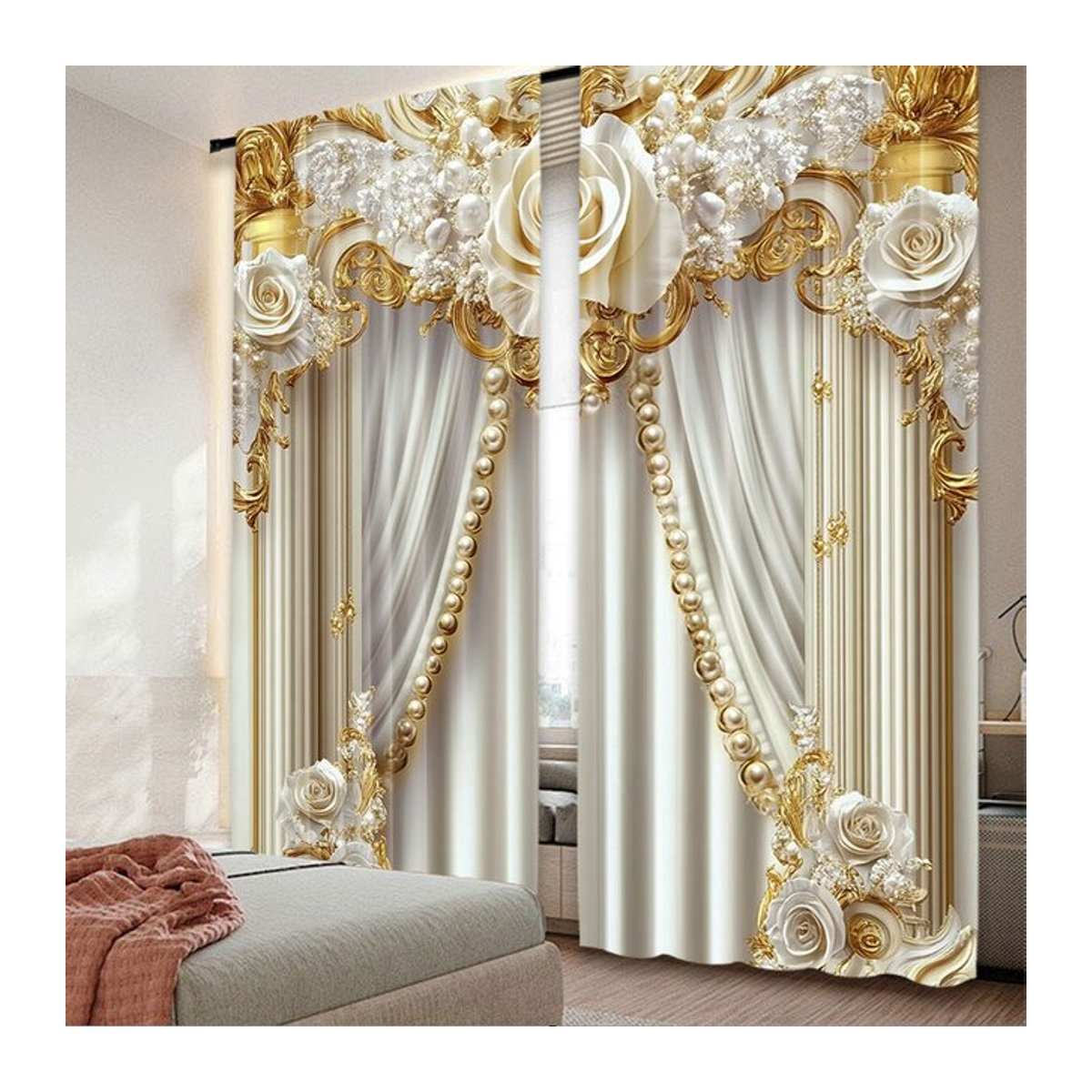 2er-Set Vorhänge in Gold und Weiß mit elegantem Blumenmuster zur Verdunkelung für Wohnzimmer, Schlafzimmer und andere Räume - Bild 1