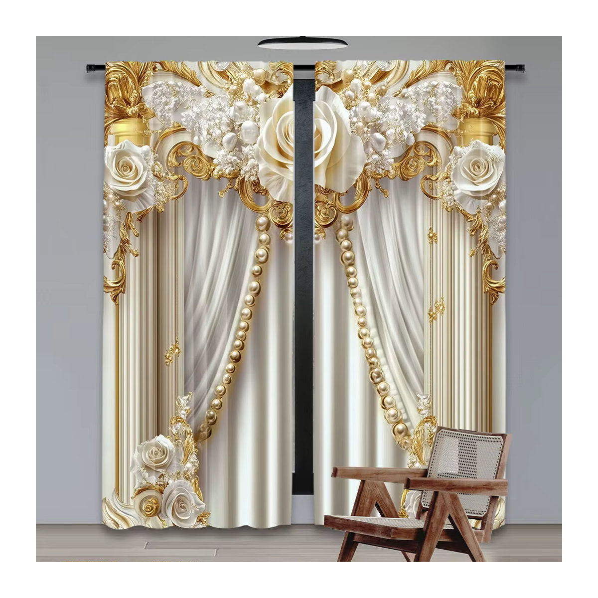 2er-Set Vorhänge in Gold und Weiß mit elegantem Blumenmuster zur Verdunkelung für Wohnzimmer, Schlafzimmer und andere Räume - Bild 2