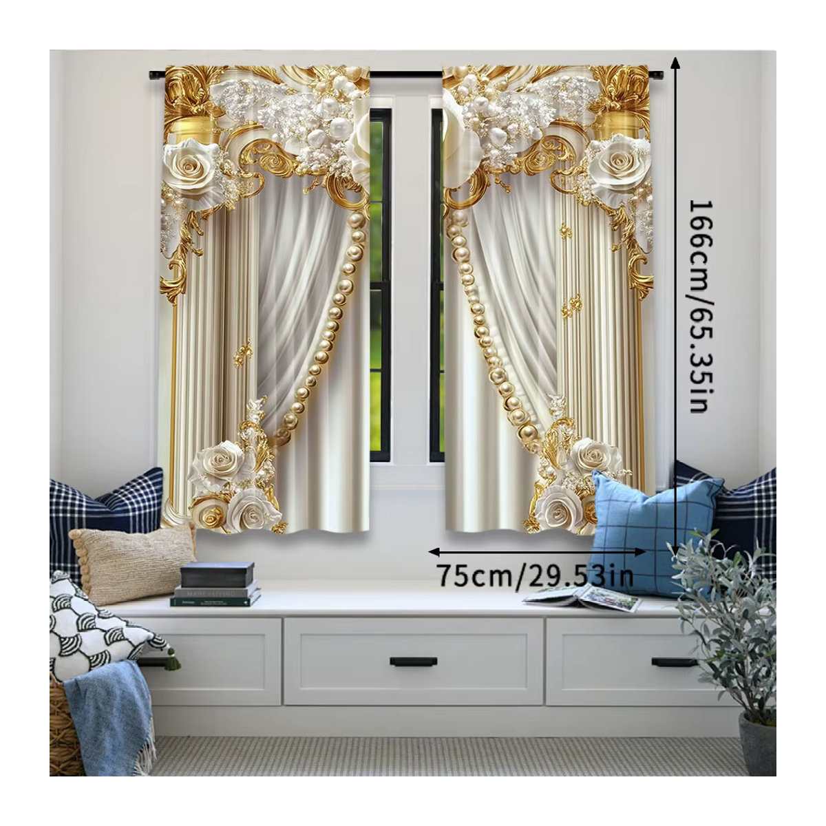2er-Set Vorhänge in Gold und Weiß mit elegantem Blumenmuster zur Verdunkelung für Wohnzimmer, Schlafzimmer und andere Räume - Bild 3