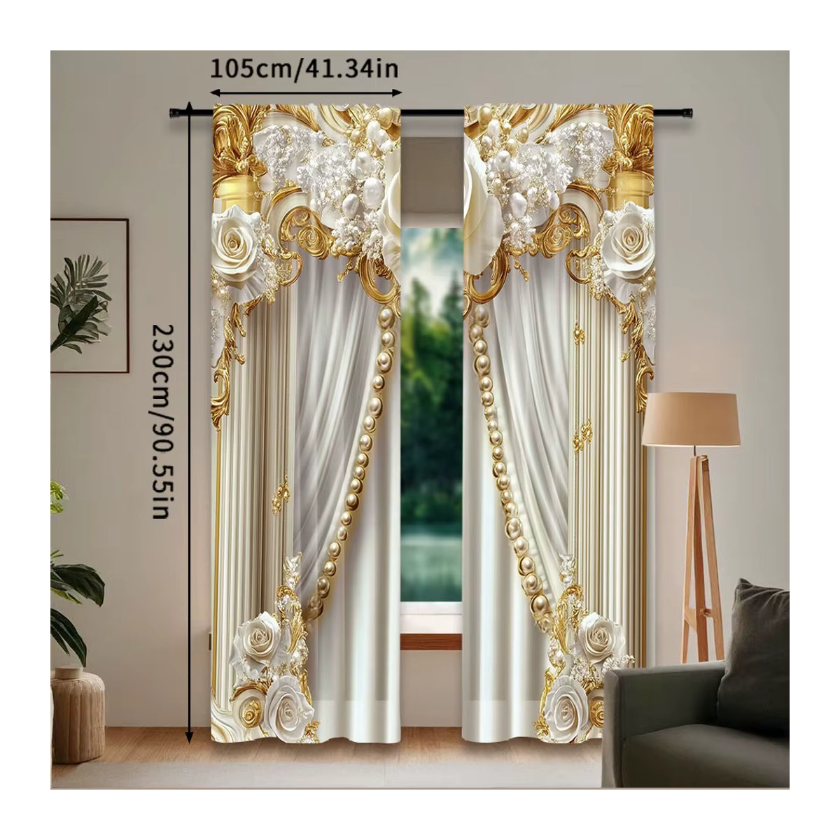 2er-Set Vorhänge in Gold und Weiß mit elegantem Blumenmuster zur Verdunkelung für Wohnzimmer, Schlafzimmer und andere Räume - Bild 4