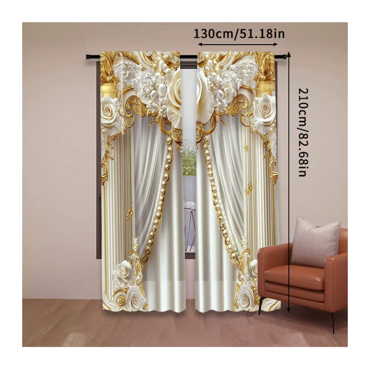 2er-Set Vorhänge in Gold und Weiß mit elegantem Blumenmuster zur Verdunkelung für Wohnzimmer, Schlafzimmer und andere Räume - Bild 5