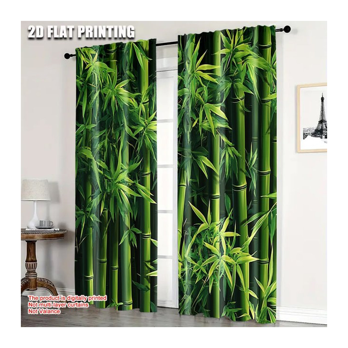 2er-Set Vorhänge mit grünem Bambus-2D-Druck aus 100 % Polyester für Schlafzimmer und Büro - Bild 1