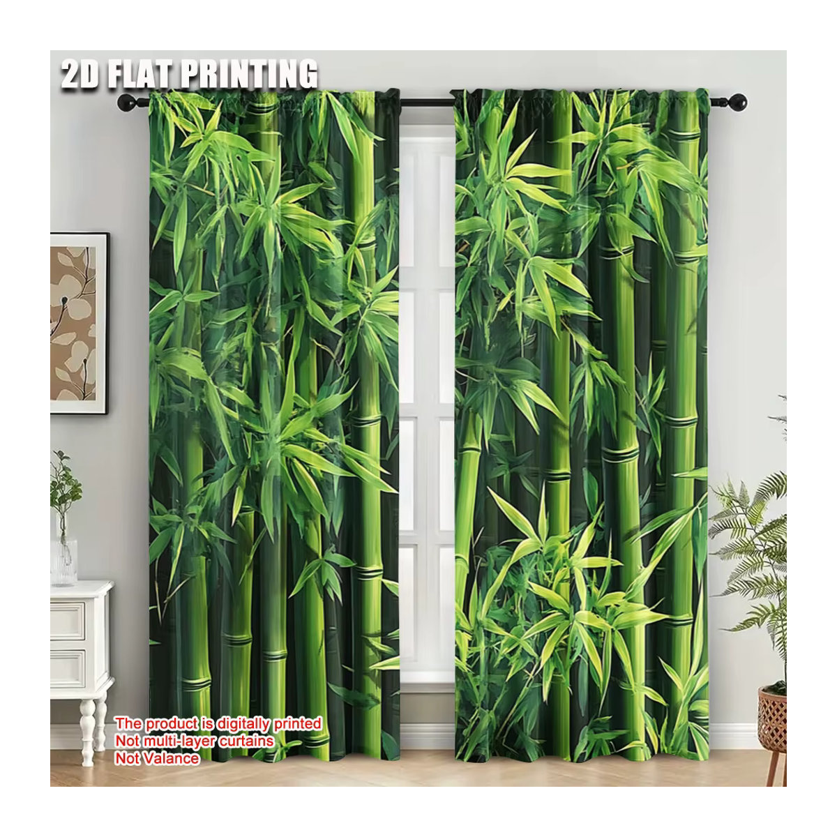 2er-Set Vorhänge mit grünem Bambus-2D-Druck aus 100 % Polyester für Schlafzimmer und Büro - Bild 2