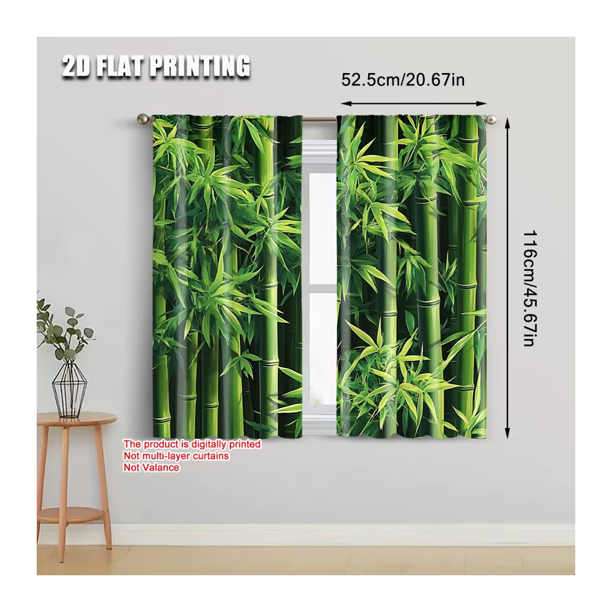 2er-Set Vorhänge mit grünem Bambus-2D-Druck aus 100 % Polyester für Schlafzimmer und Büro - Bild 3