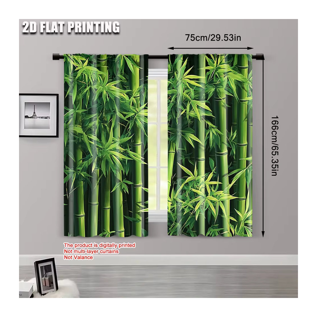 2er-Set Vorhänge mit grünem Bambus-2D-Druck aus 100 % Polyester für Schlafzimmer und Büro - Bild 4