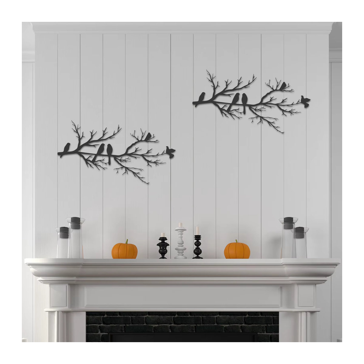 2er-Set Wanddeko aus Metall in Schwarz und Grün mit Vogel- und Ast-Silhouette im minimalistischen Design - Bild 2