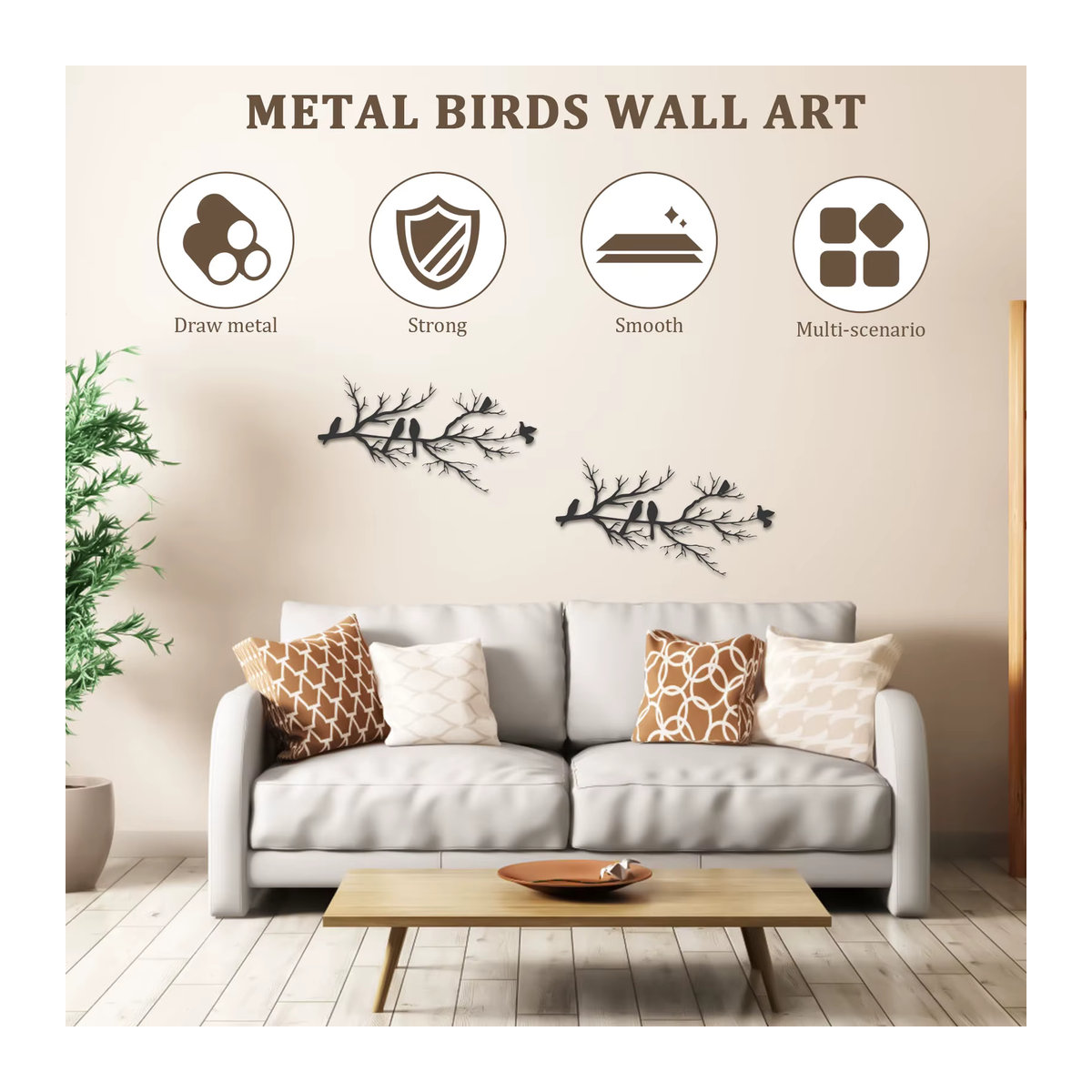 2er-Set Wanddeko aus Metall in Schwarz und Grün mit Vogel- und Ast-Silhouette im minimalistischen Design - Bild 3