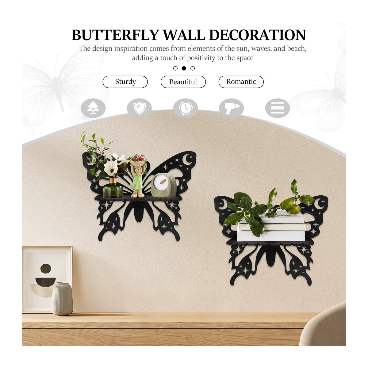 2er-Set Wandregal in Schmetterlingsform aus Holz und Metall in Schwarz für deine Kristall-Display-Dekoration im Bohemian-Stil - Bild 2