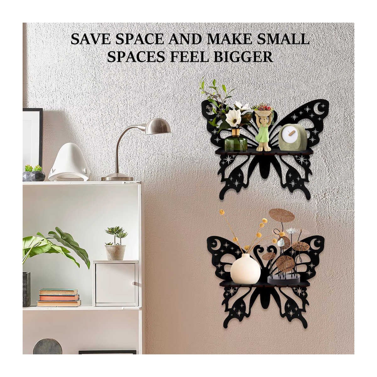 2er-Set Wandregal in Schmetterlingsform aus Holz und Metall in Schwarz für deine Kristall-Display-Dekoration im Bohemian-Stil - Bild 4