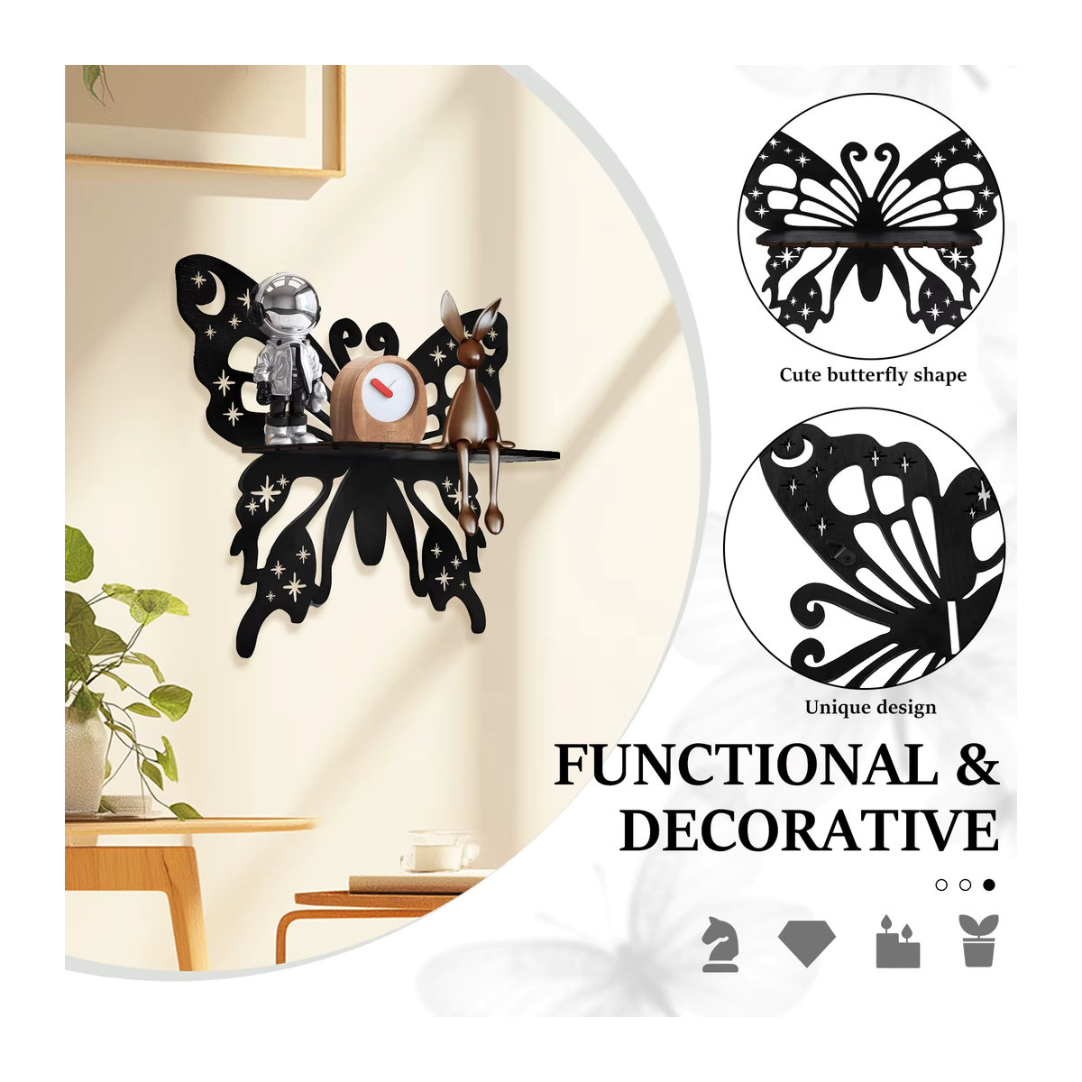 2er-Set Wandregal in Schmetterlingsform aus Holz und Metall in Schwarz für deine Kristall-Display-Dekoration im Bohemian-Stil - Bild 6