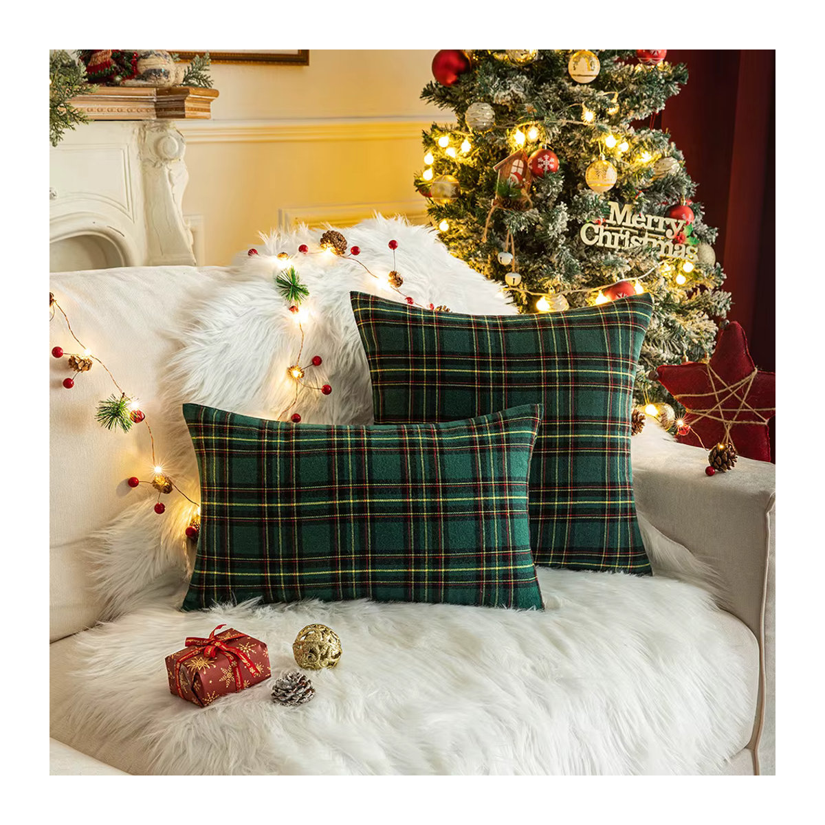 2er-Set Weihnachts-Kissenbezüge mit Büffelkaro-Muster aus Polyester in Rot und Grün für deine Bauernhaus-Dekoration - Bild 5