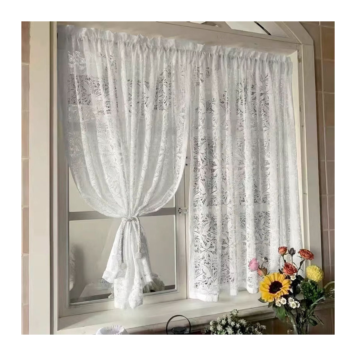 2er-Set Weiße Spitze Jacquard Tüll Vorhänge für Küche und Schrank Kurzvorhänge - Bild 3