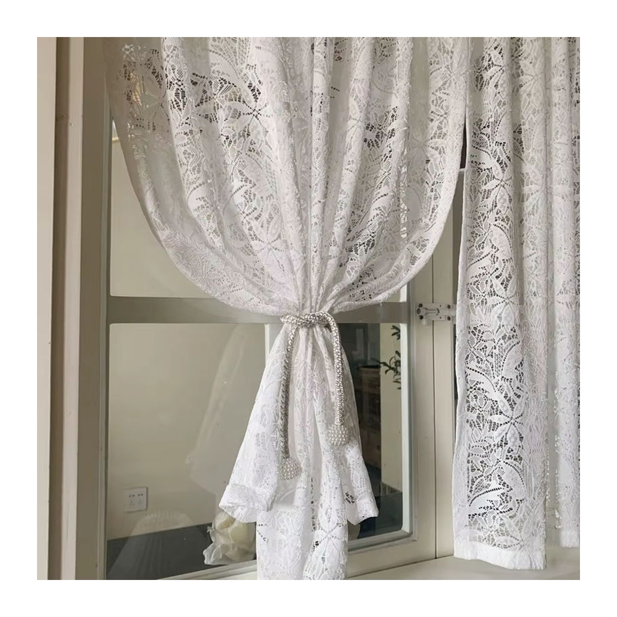 2er-Set Weiße Spitze Jacquard Tüll Vorhänge für Küche und Schrank Kurzvorhänge - Bild 4