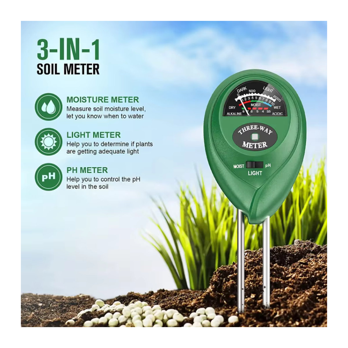 3 in 1 Boden-pH-Meter mit Sonnenlicht- und Feuchtigkeitssensor für Garten und Pflanzen - Bild 2
