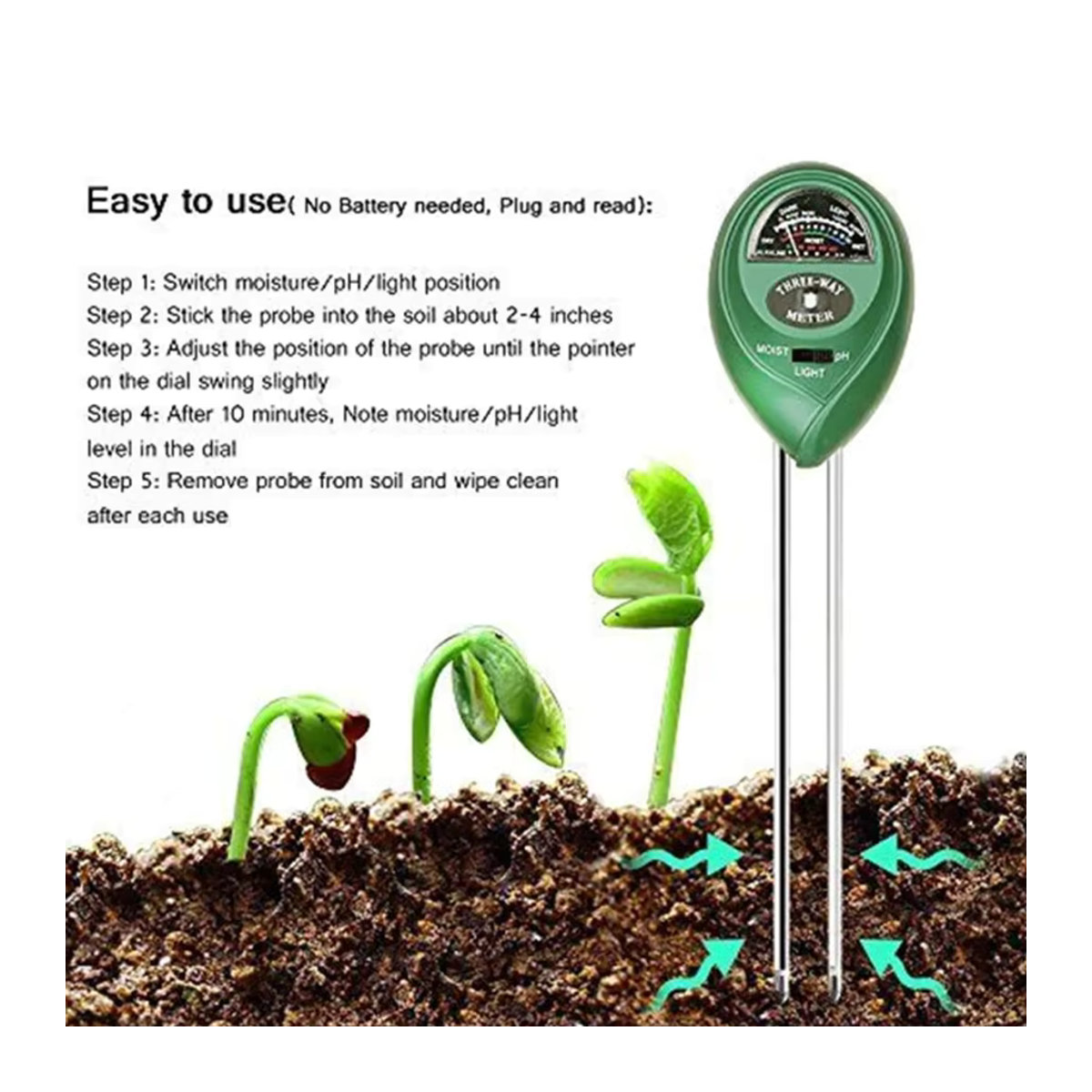 3 in 1 Boden-pH-Meter mit Sonnenlicht- und Feuchtigkeitssensor für Garten und Pflanzen - Bild 4