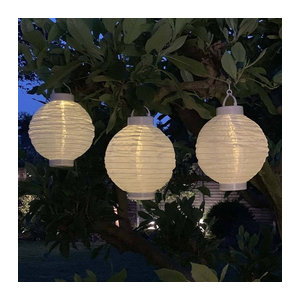 3 Stück Solar Lampions Weiß aus Polyester und Papier mit LED Warmweiß zum Aufhängen, Durchmesser: 20 cm