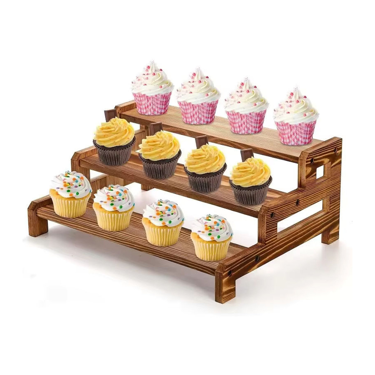 3-stufiger Cupcake-Display-Ständer aus Holz in Braun für Dessert, Parfüm und Make-up im rustikalen Design - Bild 3