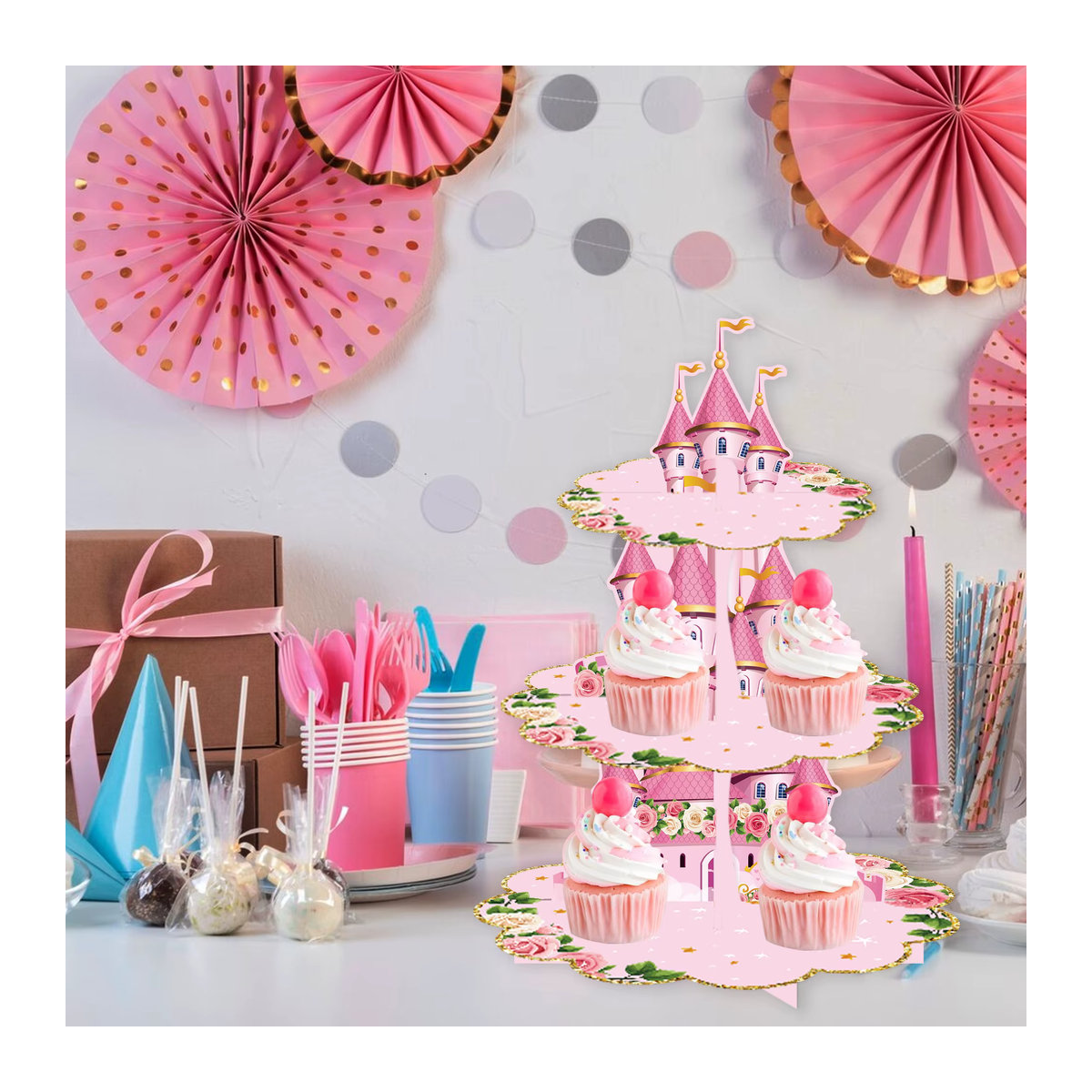 3-stufiger Cupcake-Ständer mit floralem Design in Rosa für Kindergeburtstage und Partydekorationen - Bild 3