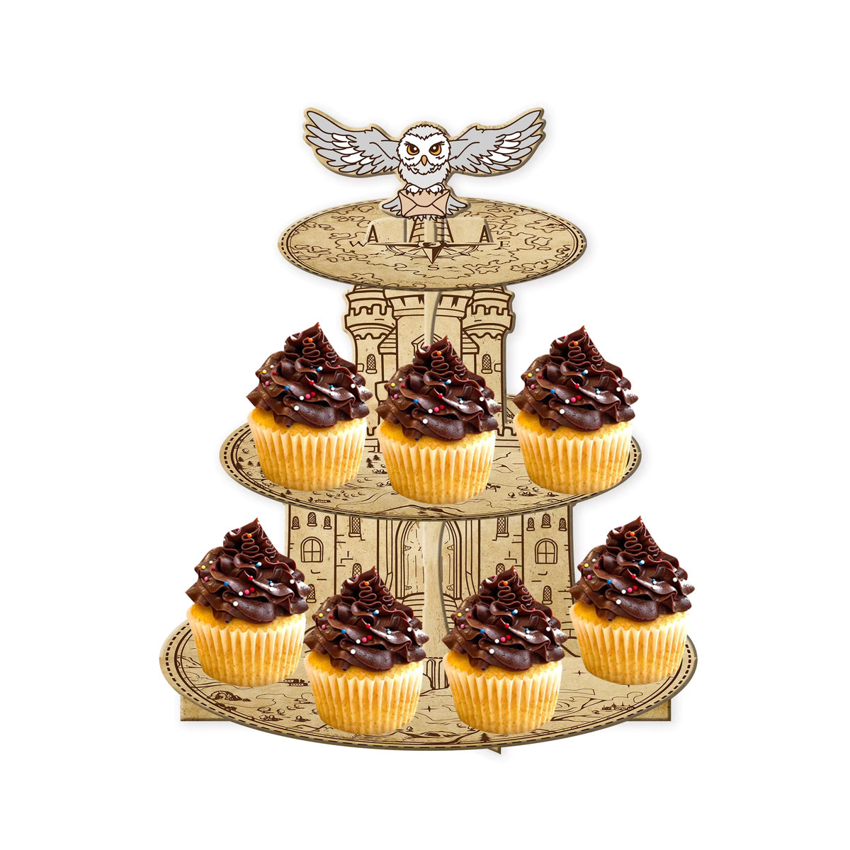 3-stufiger Cupcake-Ständer Zauberer-Design aus Holz in Beige und Braun, rund und stehend - Bild 5