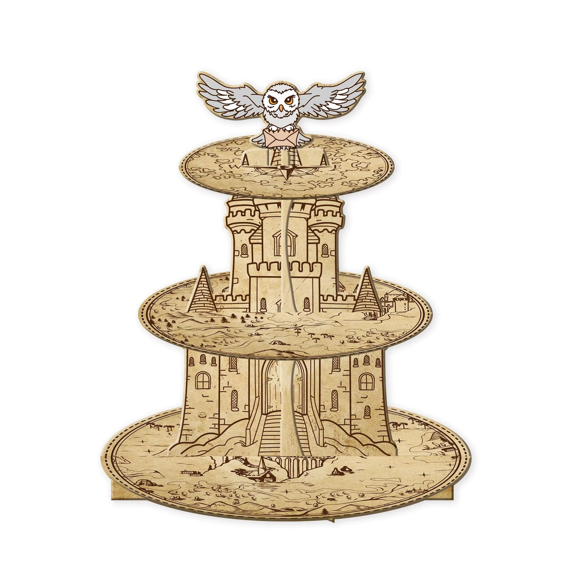3-stufiger Cupcake-Ständer Zauberer-Design aus Holz in Beige und Braun, rund und stehend - Bild 6