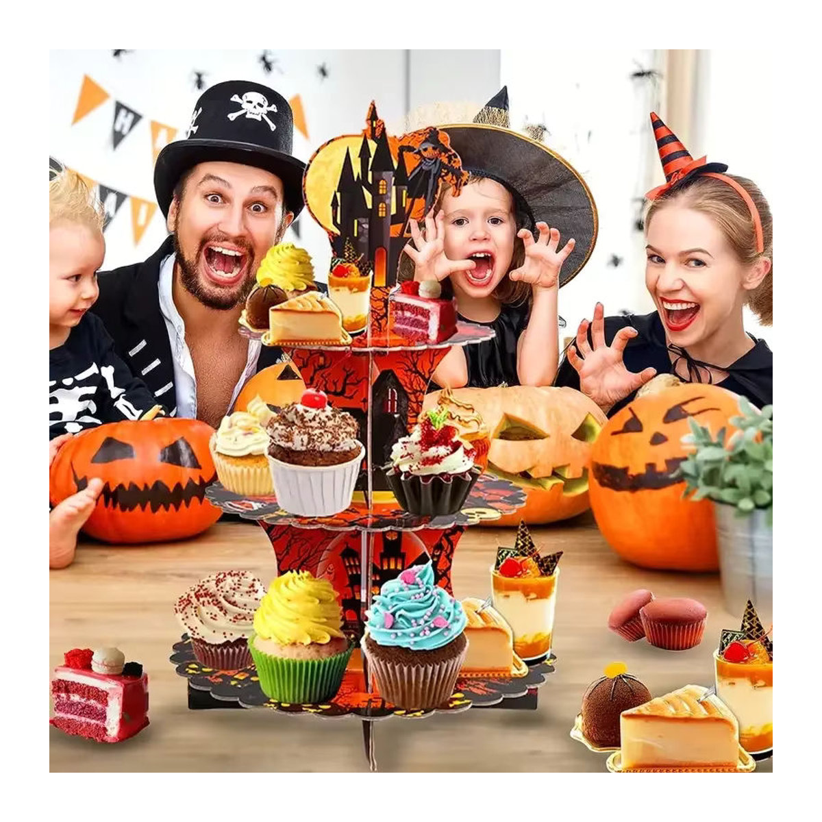 3-stufiger Halloween Cupcake Stand mit Cupcake Toppern und Wrappern in Mehrfarbig für Party und Geburtstag - Bild 1
