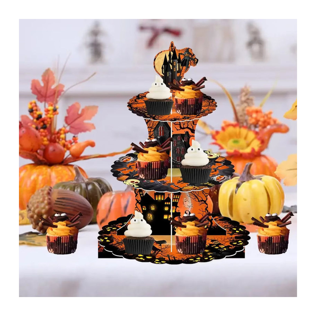 3-stufiger Halloween Cupcake Stand mit Cupcake Toppern und Wrappern in Mehrfarbig für Party und Geburtstag - Bild 2