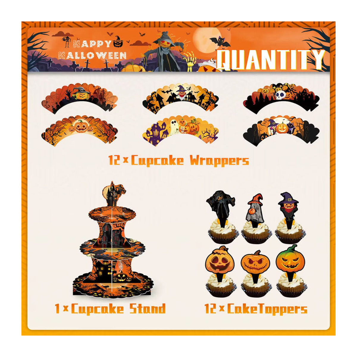 3-stufiger Halloween Cupcake Stand mit Cupcake Toppern und Wrappern in Mehrfarbig für Party und Geburtstag - Bild 3