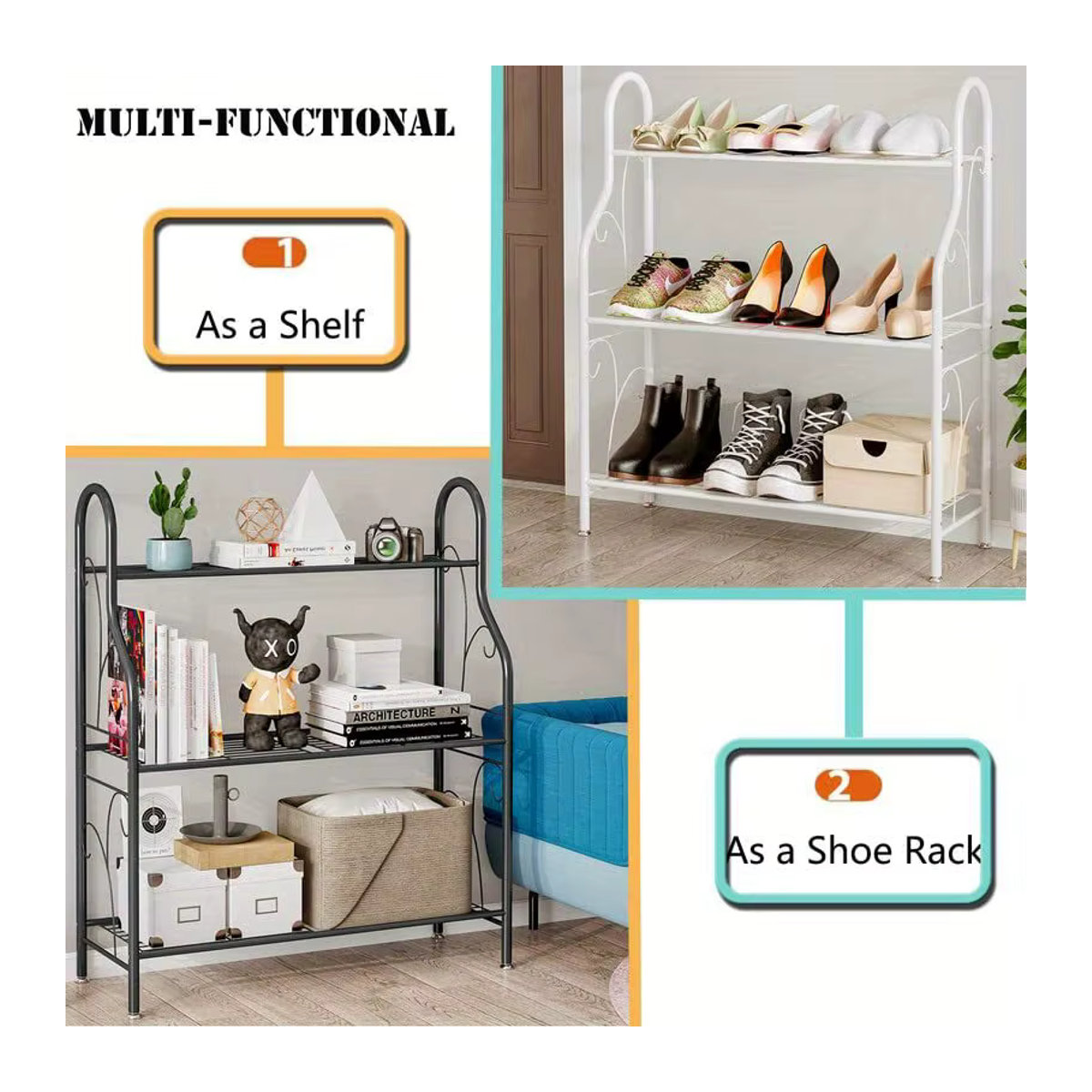 3-stufiges Mehrzweckregal aus Schmiedeeisen in Schwarz, robustes Bodenregal für Schuhe, Bücher, Küche und Kleidung - Bild 3