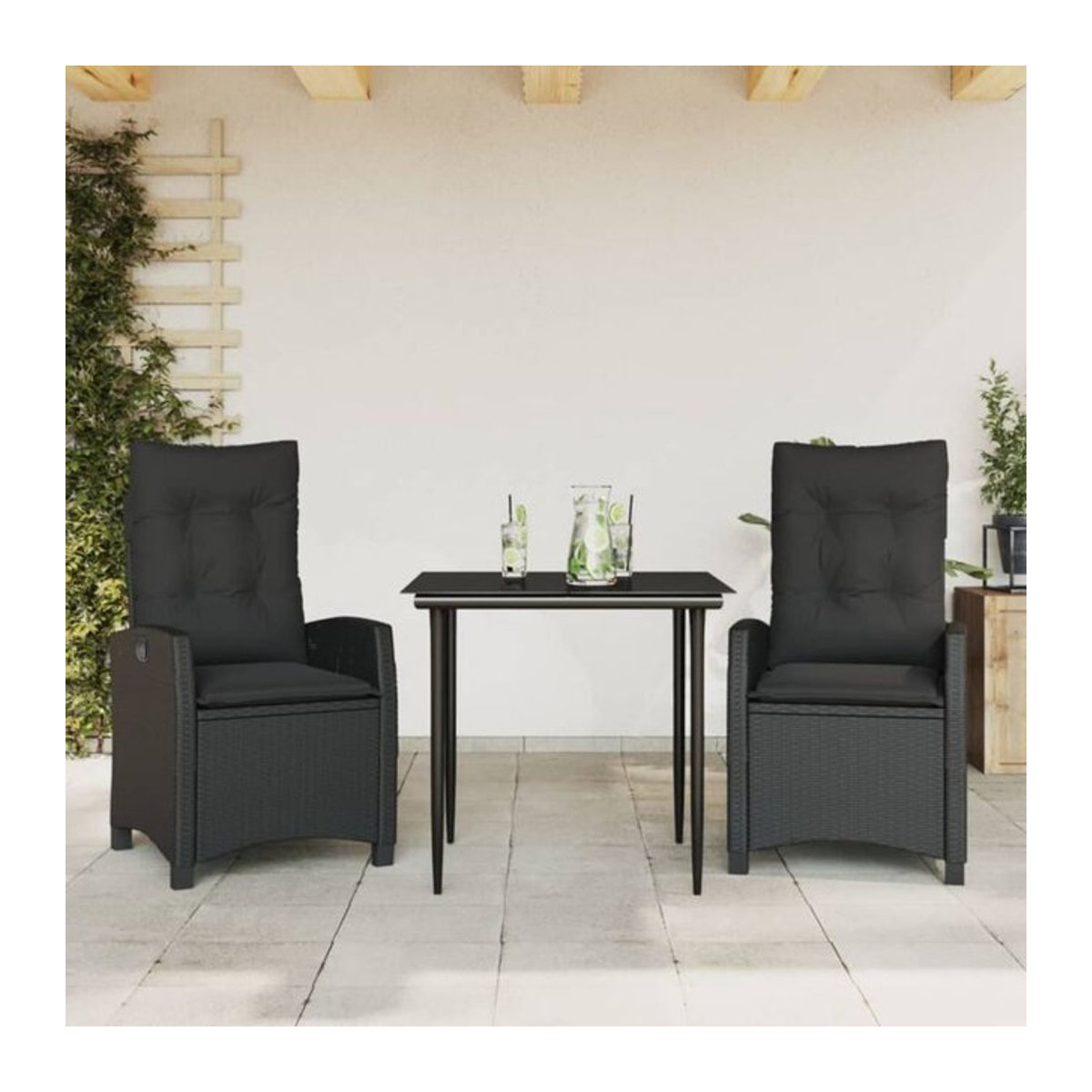 3-teilige Garten-Essgruppe aus schwarzem Poly-Rattan mit Glasplatte und Kissen von vidaxl - Bild 1