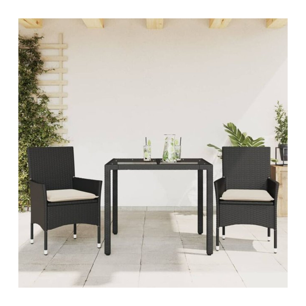 3-teilige moderne Garten-Essgruppe aus Poly-Rattan und Glas in Schwarz mit cremefarbenen Kissen von vidaxl - Bild 1