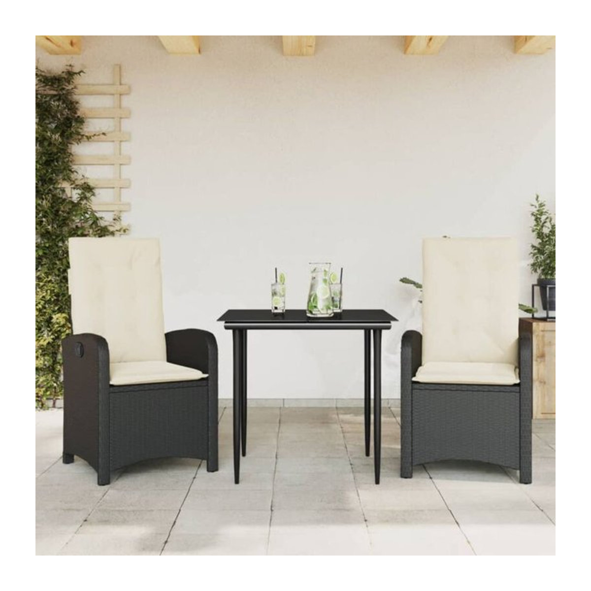 3-teilige moderne Garten-Essgruppe aus schwarzem Poly-Rattan mit Glasplatte und Kissen von vidaxl - Bild 1